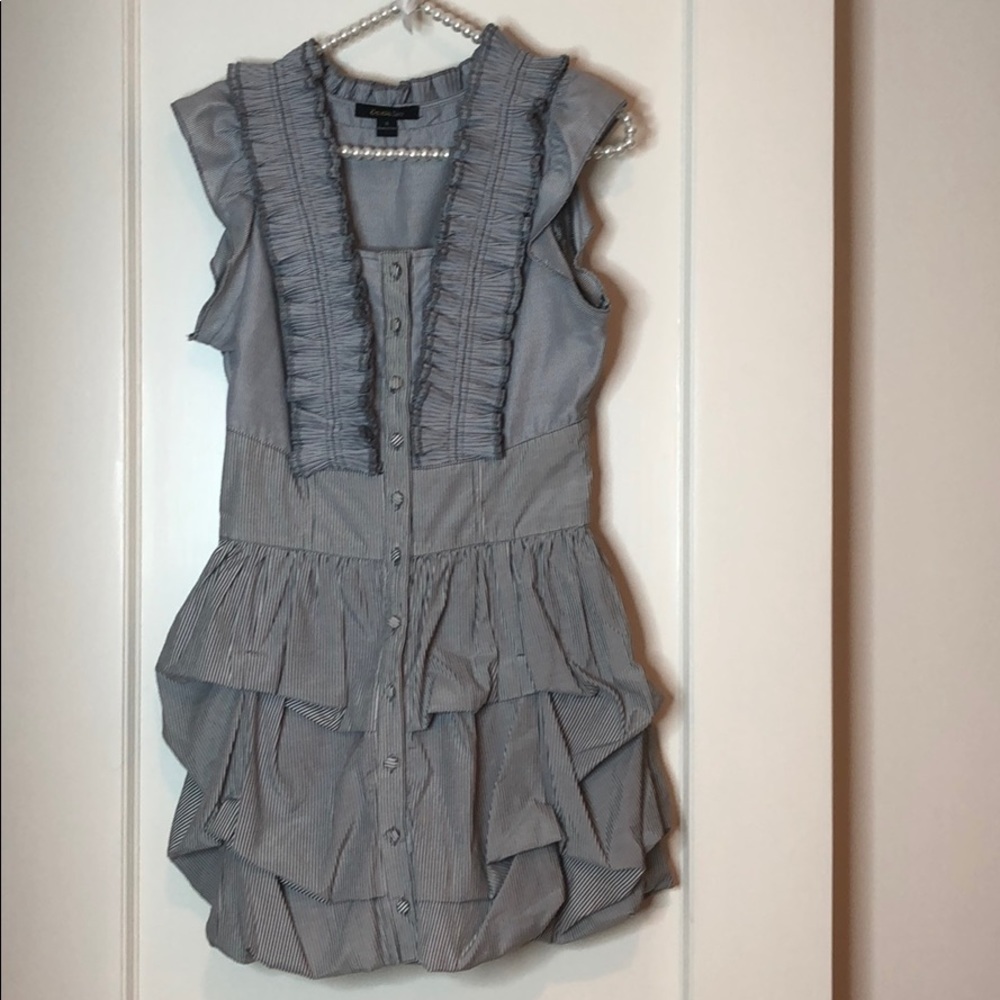 Double Zero White Grey Striped Button Ruffle Dress - image 1